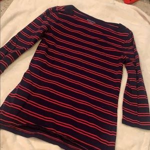 Red & Navy striped shirt.
